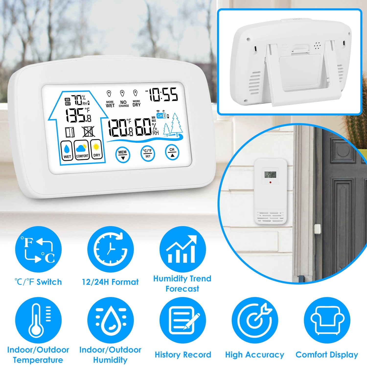 Moclever Wireless Weather Station with Clock, 196ft Range Indoor ...