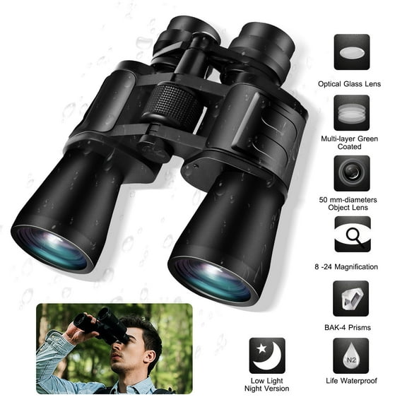 Moclever Zoom Binoculars with FMC Lens Low Light Night Vision for Bird Watching Hunting, Black