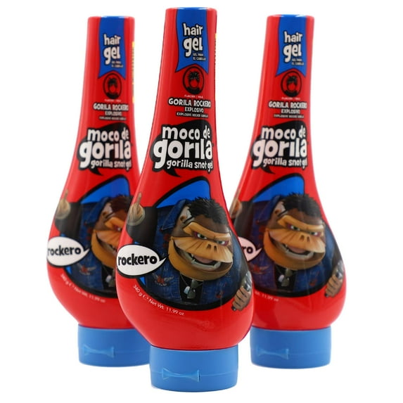Moco de Gorila, Explosive Rocker Hair Styling Gel, Long-Lasting Hold, Reactivatable with water, 3-Pack of 11.92 Oz Each, 3 Squeezable Bottles.