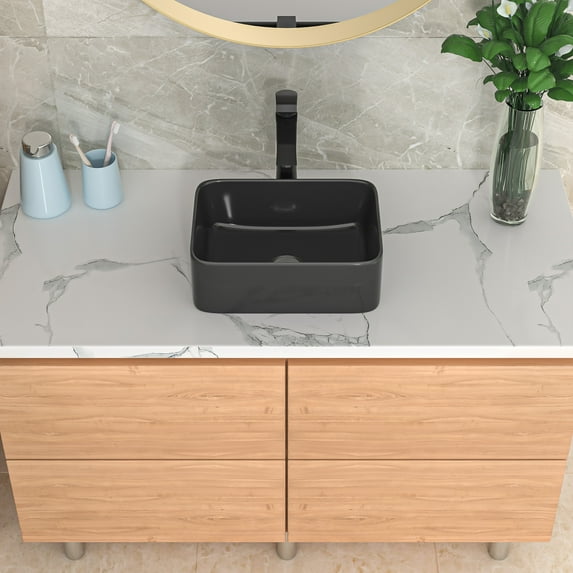 Mocoloo Black Vessel Sink Rectangular - 16" Ceramic Porcelain Vanity Above Counter Art Basin