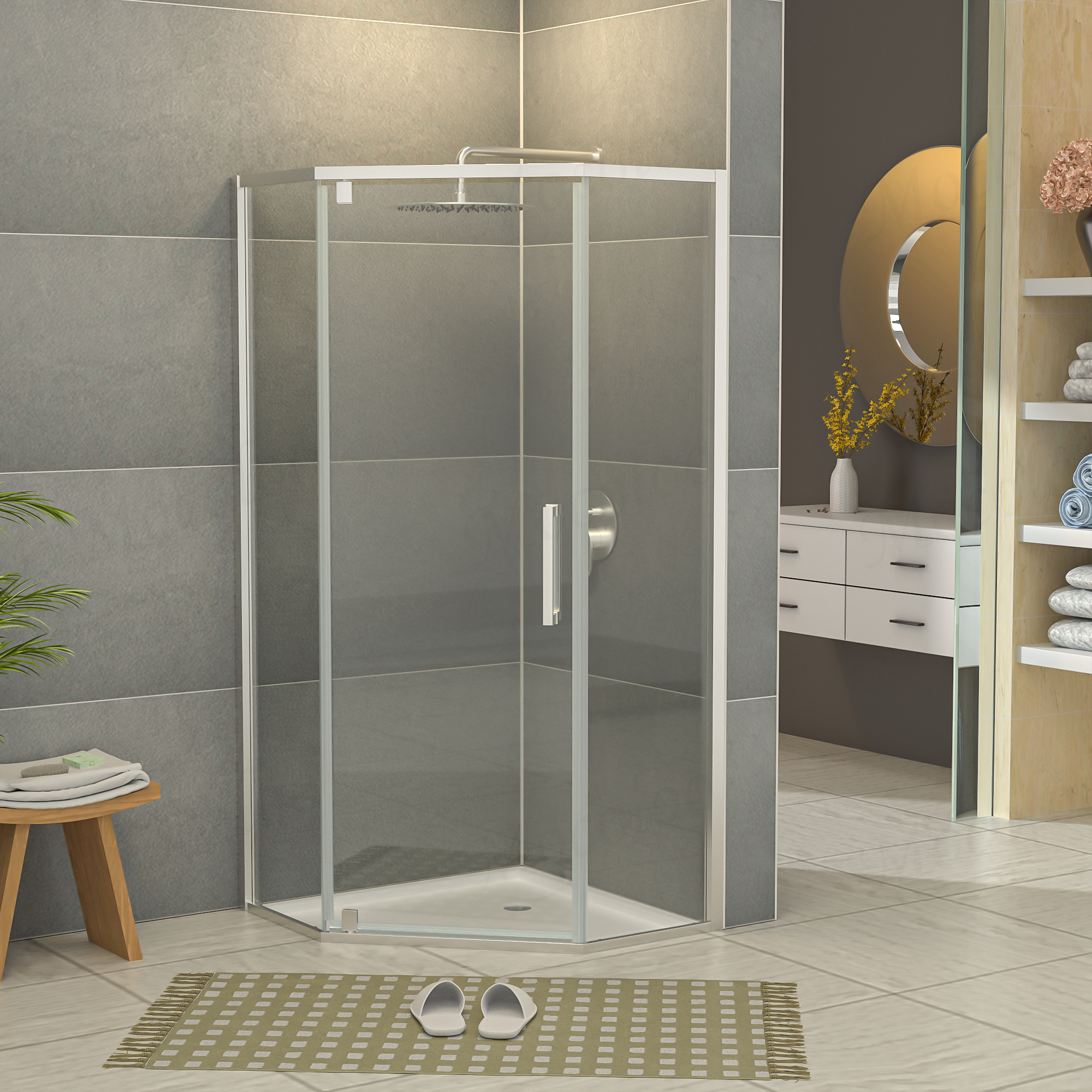 Mocoloo Frameless Pivot Pentagonal Shower Enclosure Stainless Steel