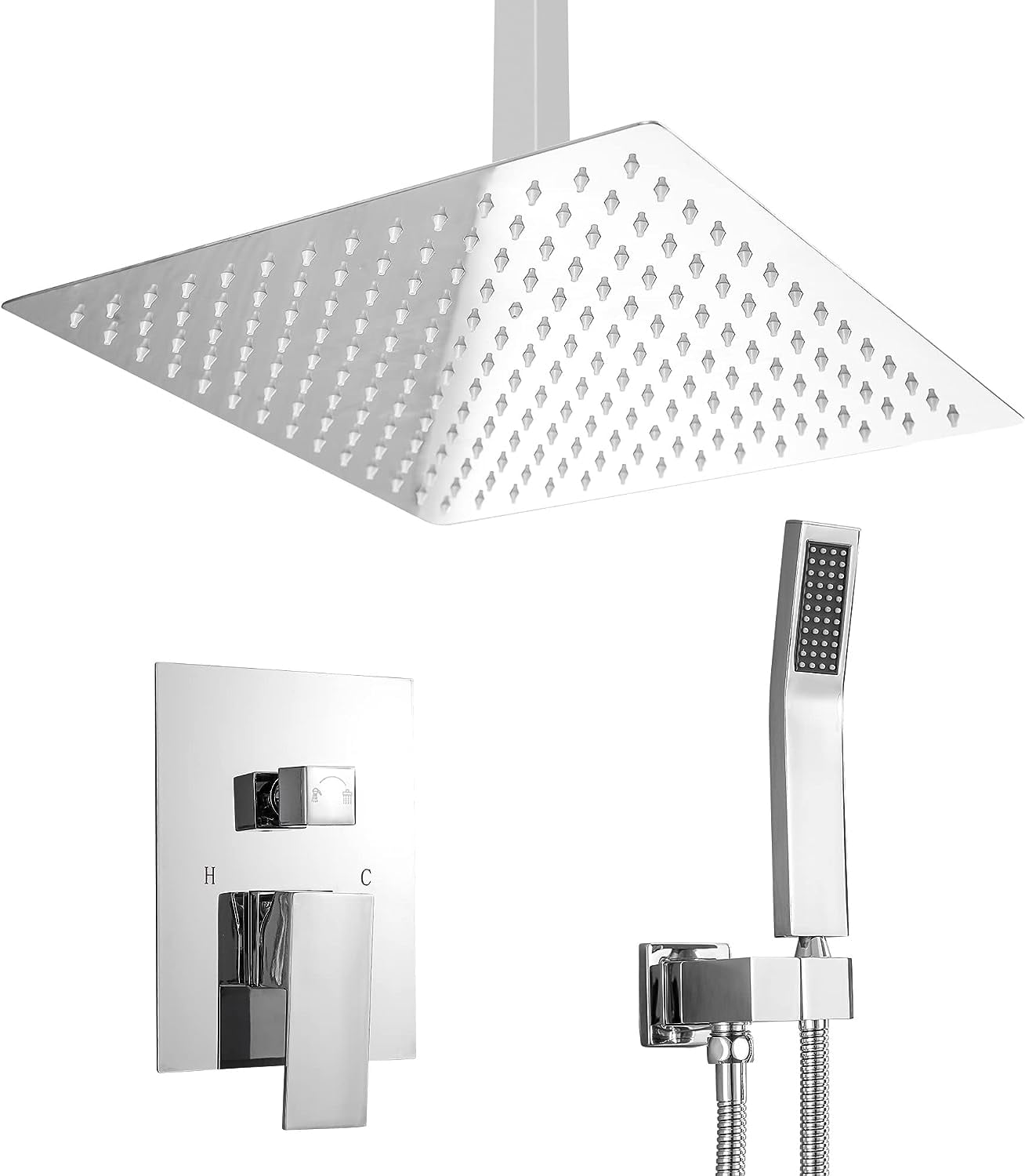 Mocoloo Shower System 10 Inch Ceiling Mounted Chrome Finish Stainless Steel Shower Head and Handheld with Brass Main Body Shower Valve Included