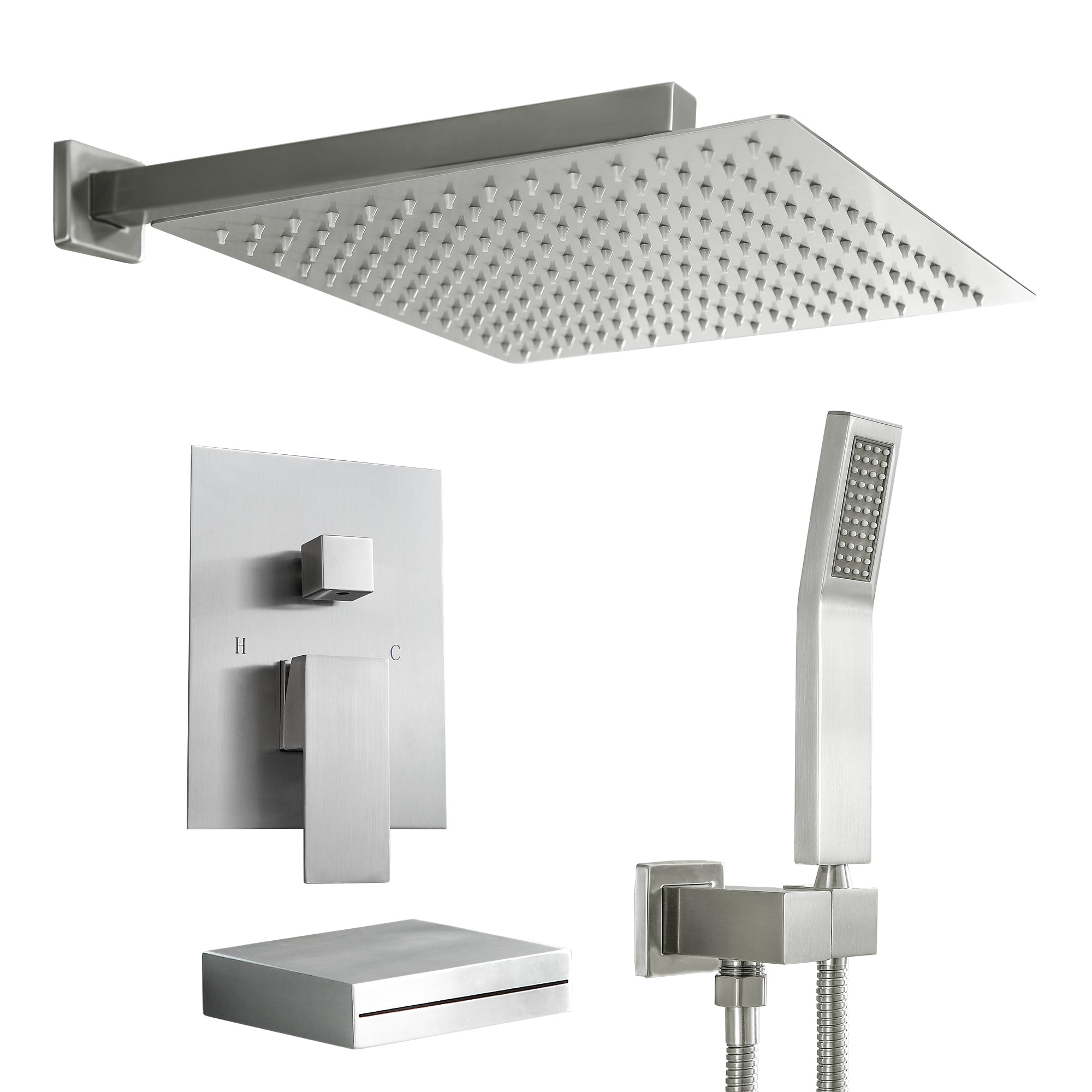 Mocoloo Shower System 12 Inch Shower Head Faucet Wall Mounted Brushed Nickel Finish Stainless Steel Shower Head and Handheld, Waterfall Faucet and Brass Main Body Shower Valve Included