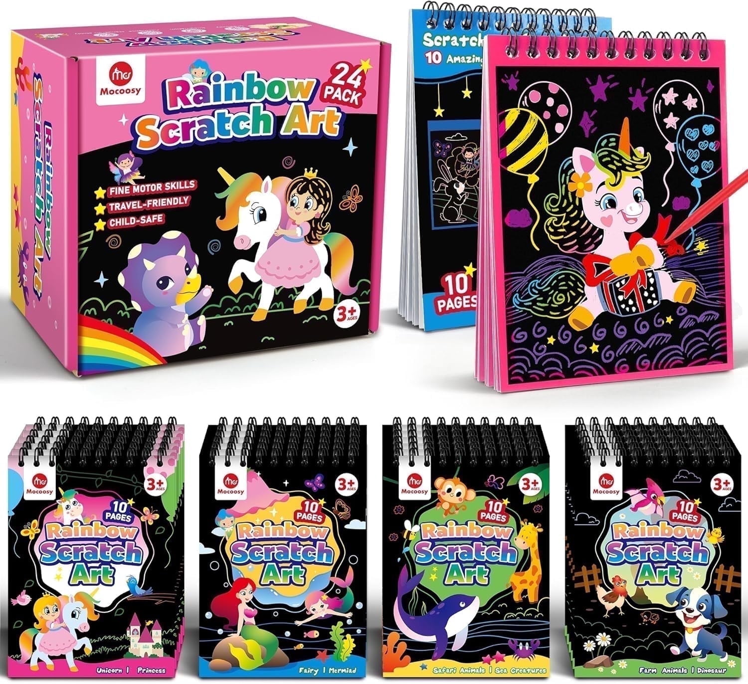 Mocoosy 24 Pack Scratch Art Party Favors for Kids 4-8, Rainbow Scratch Arts Bulk with 10 Designs, Birthday Goodie Bag Stuffers, Classroom Prizes, Art Craft Supplies for Boys Girls Ages 3-5 8-12
