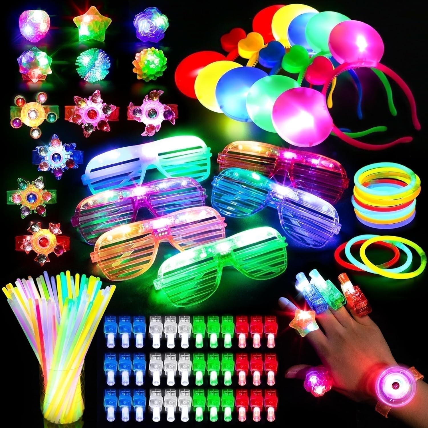 103PCS Glow in the Dark Party Supplies Light Up Toys Dance Party Favors for Kids, Christmas Carnival Neon Toys Bulk Party Pack With Glow Sticks, Glasses, LED Bracelets, Finger Lights, Ring, Headbands