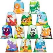 Mocoosy 12 Pack Animal Party Favor Drawstring Bags for Kids Birthday Supplies, Animal Backpack String Bags for Boys Girls, Jungle Gift Goodie Treat Bag for Party Baby Shower School Travel Storage Bag