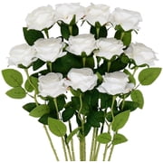 Mocoosy 12 Pcs Rose Artificial Flowers, Realistic Blossom White Fake Roses with Stems, Single Silk Rose Flower Bouquet for Wedding Centerpieces Arrangement Brid