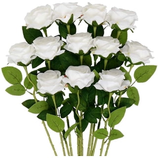 Mocoosy 12 Pcs Rose Artificial Flowers, Realistic Blossom White Fake Roses with Stems, Single Silk Rose Flower Bouquet for Wedding Centerpieces Arrangement Bridal Shower Party Decorations