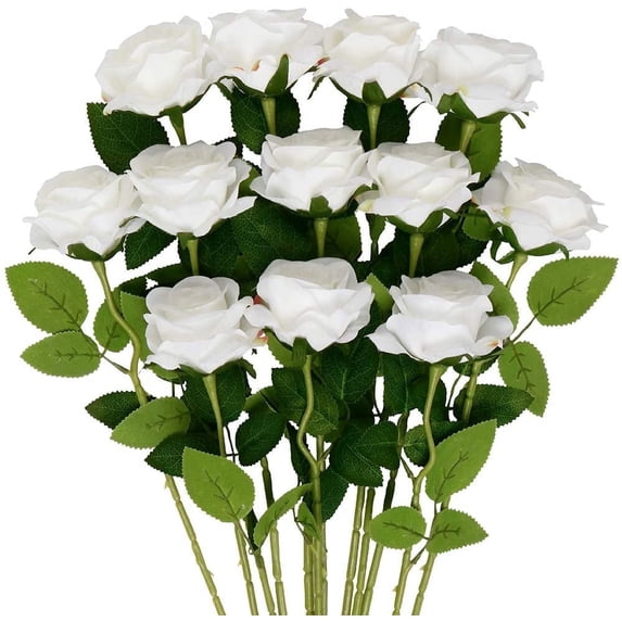 Mocoosy 12 Pcs Rose Artificial Flowers, Realistic Blossom White Fake Roses with Stems, Single Silk Rose Flower Bouquet for Wedding Centerpieces Arrangement Bridal Shower Party Decorations