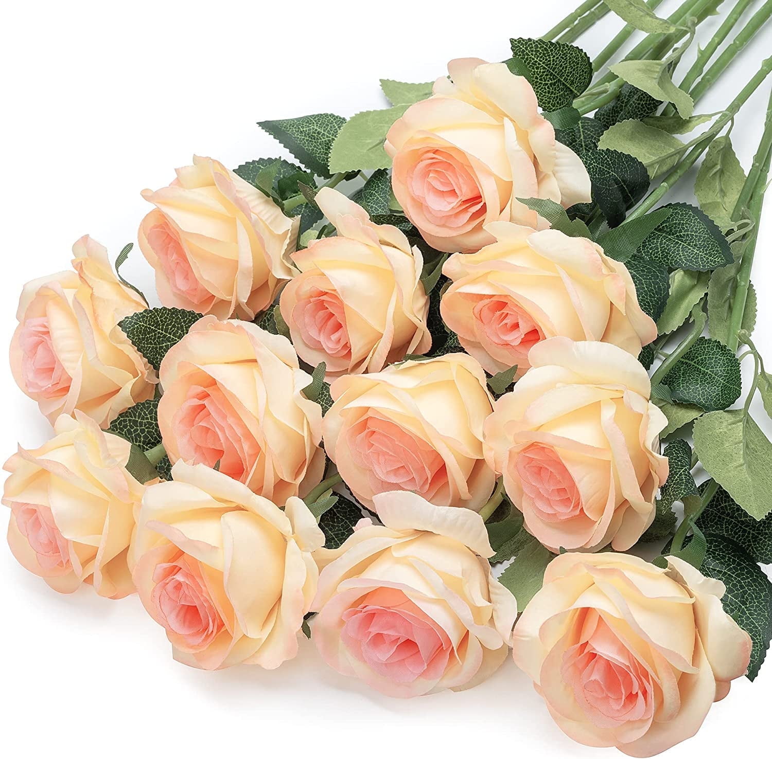 Mocoosy 12PCS Artificial Roses Fake Flowers for Decoration, Champagne Silk Roses Single Stem Flowers Artificial Bouquet for Wedding Mother Day Birthday Party Arrangment Centerpiece Home Table Decor