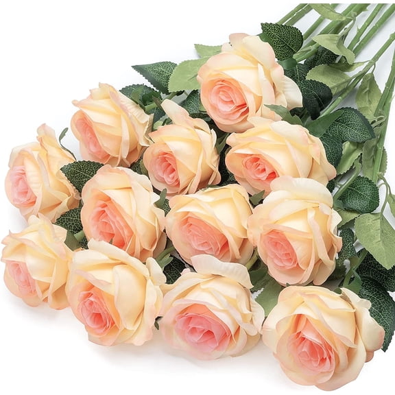 Mocoosy 12PCS Artificial Roses Fake Flowers for Decoration, Champagne Silk Roses Single Stem Flowers Artificial Bouquet for Wedding Mother‘ Day Birthday Party Arrangment Centerpiece Home Table Decor