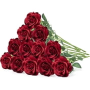 12PCS Artificial Roses Fake Flowers for Decoration, Dark Red Roses Single Stem Artificial Flowers Silk Valentine Flowers Bouquet for Wedding Flower Arrangment Centerpiece Party Home Table Decor