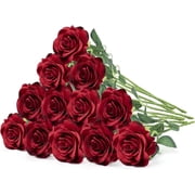 12PCS Artificial Roses Fake Flowers for Decoration, Dark Red Roses Single Stem Artificial Flowers Silk Valentine Flowers Bouquet for Wedding Flower Arrangment Centerpiece Party Home Table Decor