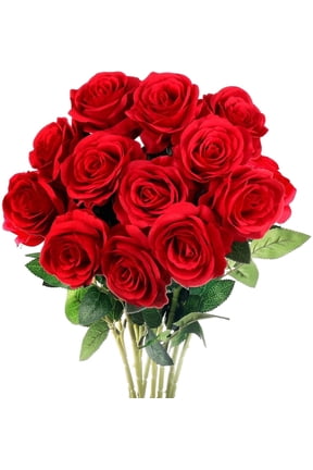 12PCS Fake Roses Artificial Flowers Red Roses with Long Stems Realistic Faux Silk Rose Bouquets for Wedding Decor Bridal Shower Centerpieces Floral Arrangements Party Mother's Day Valentines Flowers