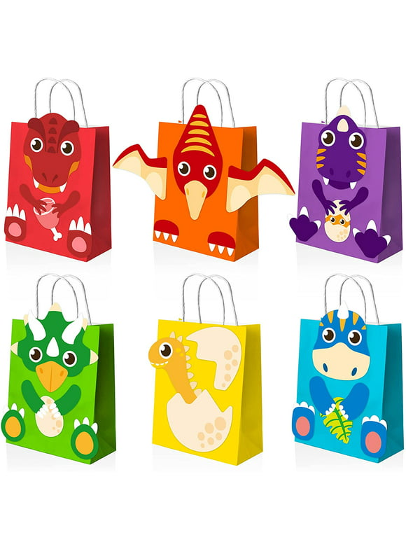 Mocoosy 18 Pack DIY Dinosaur Party Favor Gift Bags with Handles - Dinosaur Goodie Bags for Kids Birthday, Dino Candy Treat Bags for Boys Girls Party Supplies