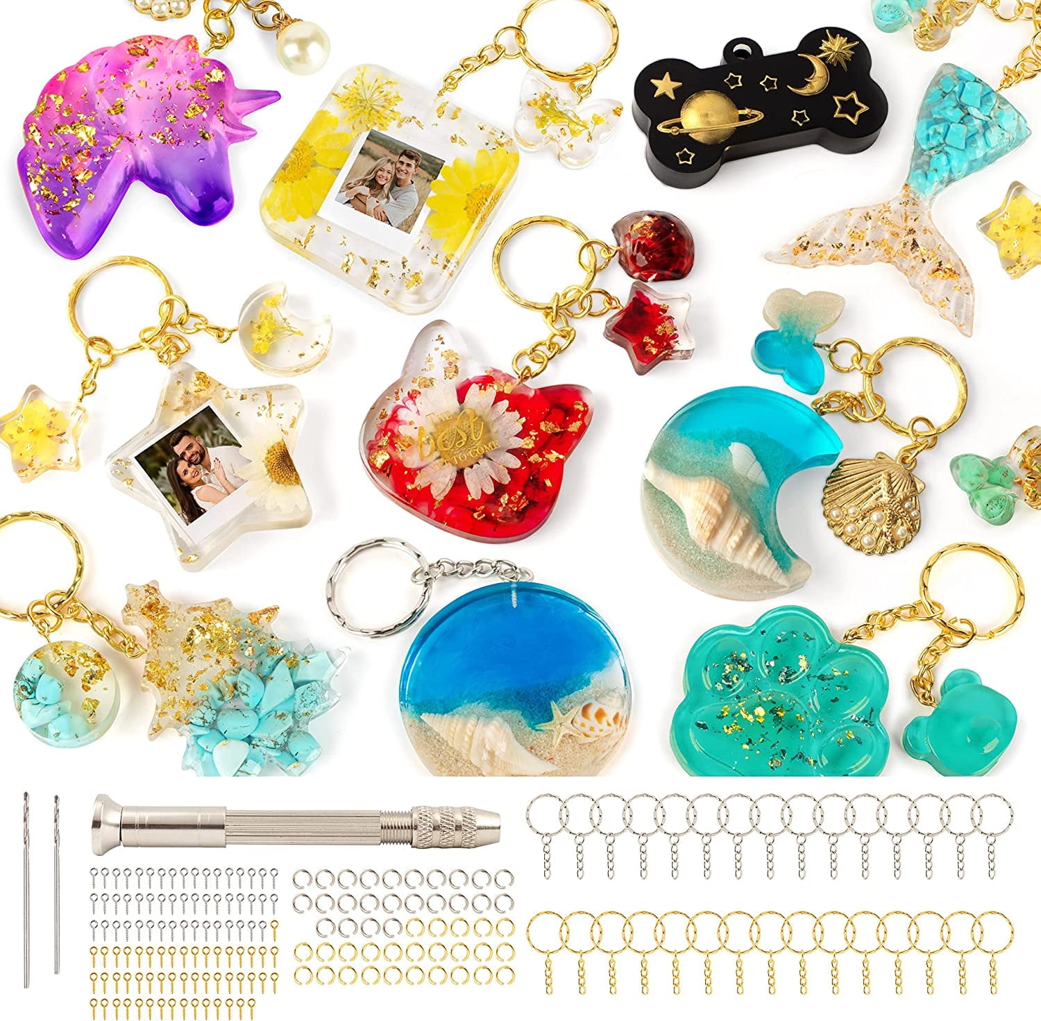 Mocoosy 182Pcs Resin Molds Silicone Kit, 32 Cavities Pendants Ornaments Silicone Molds for Epoxy Resin Casting, Resin Keychain Making Set DIY Crafts with 1 Hand Drill 30 Key Rings 100 Screw Pins