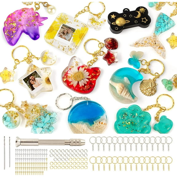 Mocoosy 182Pcs Resin Molds Silicone Kit, 32 Cavities Pendants Ornaments Silicone Molds for Epoxy Resin Casting, Resin Keychain Making Set DIY Crafts with 1 Hand Drill 30 Key Rings 100 Screw Pins
