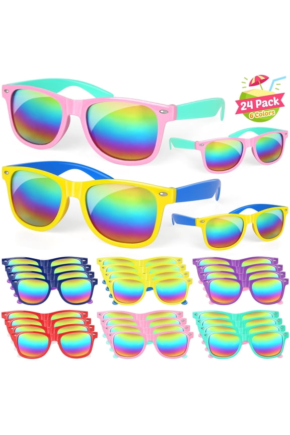 24 Pack Kids Sunglasses Bulk, Neon Retro Sunglasses with UV400Protection, Summer Pool Party Favors Beach Luau Graduation Party Supplies Birthday Goody Bag Stuffers for Boys Girls Age 4-8 8-12