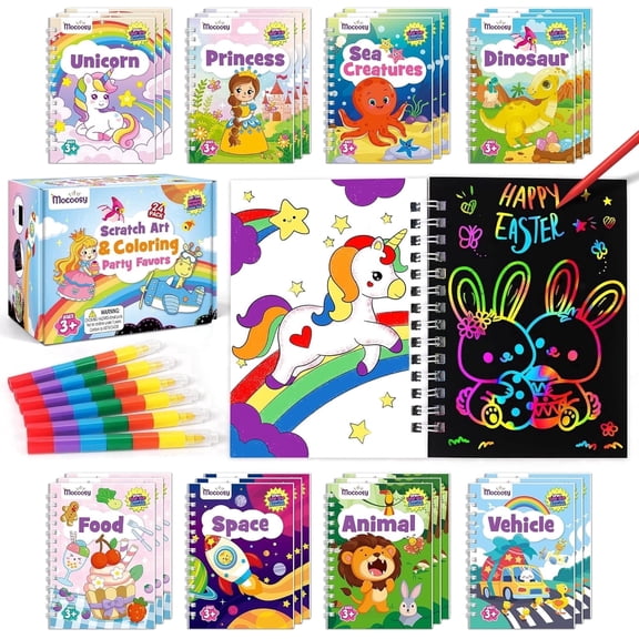 Mocoosy 24 Pack Scratch Art Notebook for Kids, Party Favors for Kids Age 4-8-12, Double-Sided Rainbow Coloring Book with Stacking Crayons, Boys Girls Birthday Goodie Bag Stuffers Bulk Classroom Prize