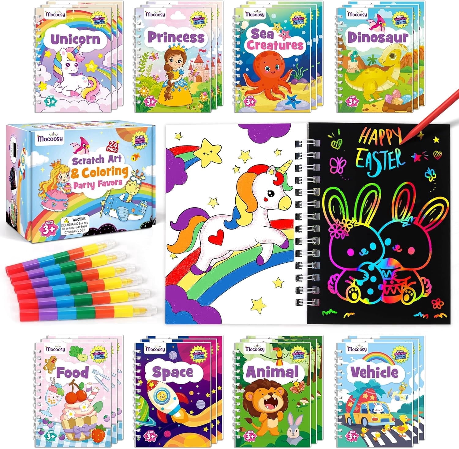 Mocoosy 24 Pack Scratch Art  Party Favors for Kids, Easter Basket Stuffers Bulk, Double Side Mini Coloring Books, Goodie Bag Stuffers Girls Boys Birthday Gifts Student Classroom Prizes