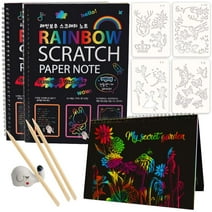 Mocoosy 3 Pack Rainbow Scratch Art Note Books - Magic Scratch off Paper Notebook Set for Kids Art and Craft Activity Book Black Sketch Doodle Pads with Painting Stencils for Party Favor Game Gift