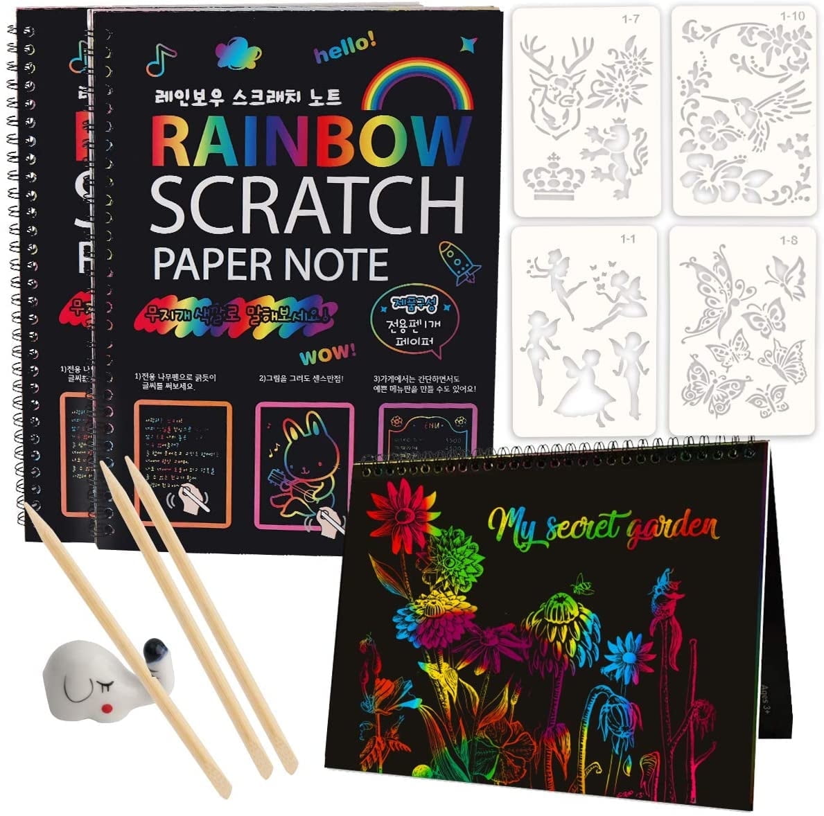 Mocoosy 3 Pack Rainbow Scratch Art Note Books - Magic Scratch off Paper Notebook Set for People Art and Craft Activity Book Black Sketch Doodle Pads with Painting Stencils for Party Favor Game Gift