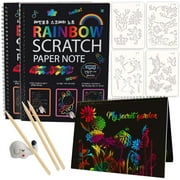 Mocoosy 3 Pack Rainbow Scratch Art Note Books - Magic Scratch off Paper Notebook Set for People Art and Craft Activity Book Black Sketch Doodle Pads with Painting Stencils for Party Favor Game Gift