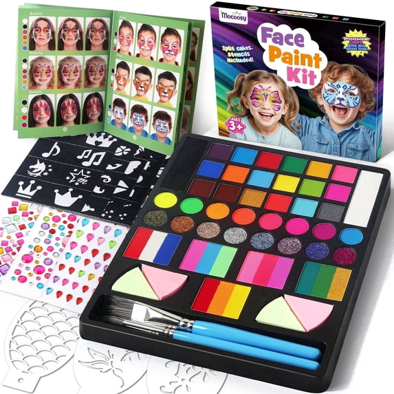 Mocoosy 41 Color Face Painting Kit for Kids, Non-Toxic Water Activated Face Paint Palette With Stencils, Brushes, Gems, Professional Kit for Girls & Boys