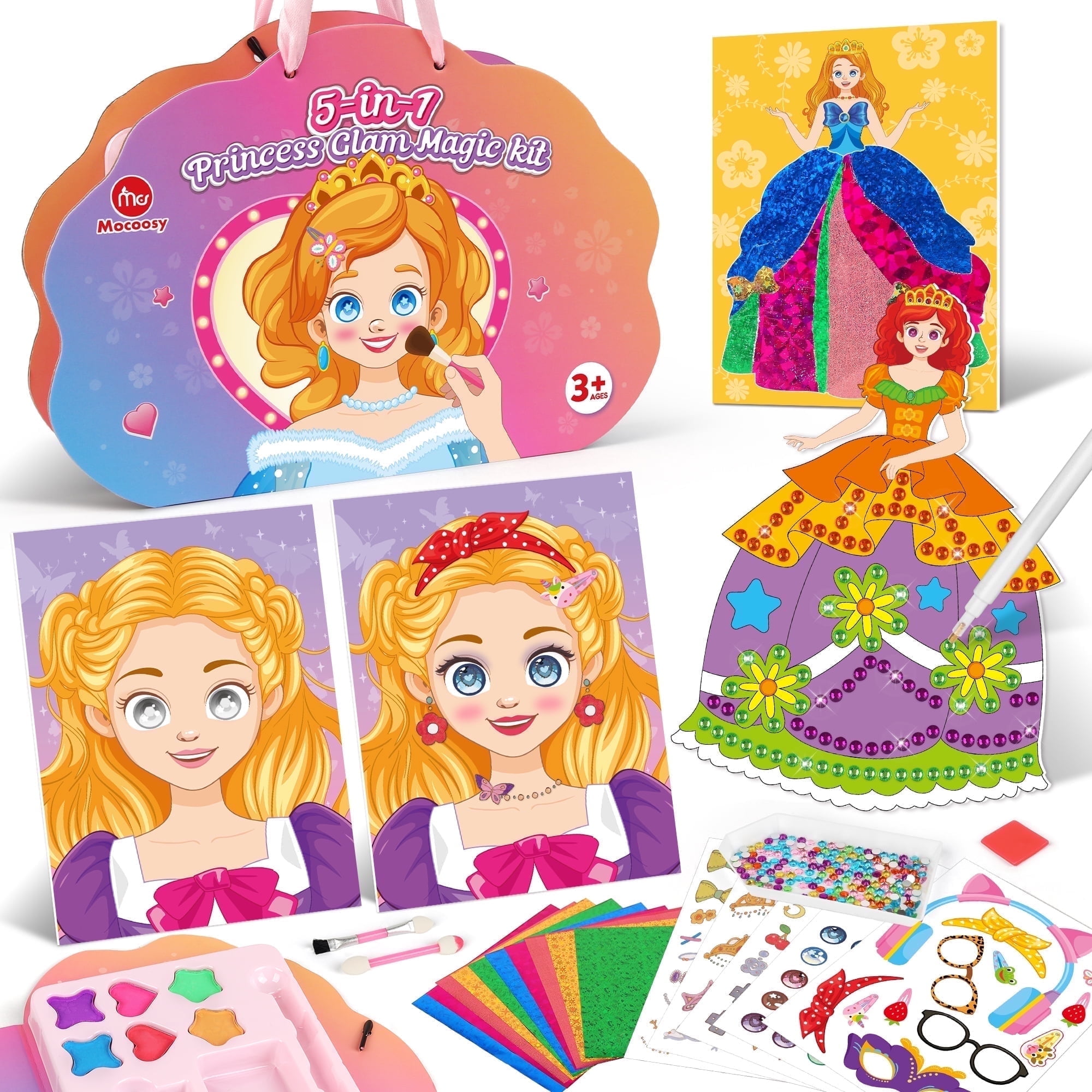 Mocoosy Art Craft Activity for Kids, 5-in-1 Princes Craft Kits - Paper Makeup DIY Girls Toy Kit with Diamond Painting & Princess Dress Up Set, Ideal Birthday Party Gift for Girls Ages 4 5 6 7 8 9+ Ye