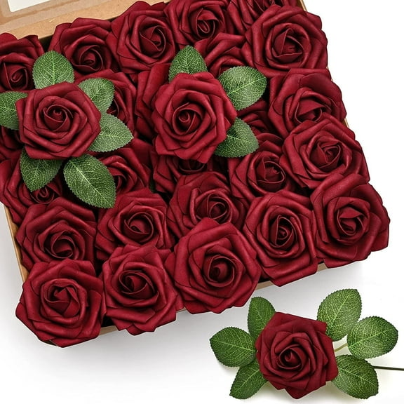 Mocoosy 50Pcs Artificial Rose Flowers, Burgundy Fake Roses for Decoration, Real Touch Foam Rose Bulk with Stem DIY Wedding Bouquets Centerpiece Floral Arrangement Party Home Table Decor
