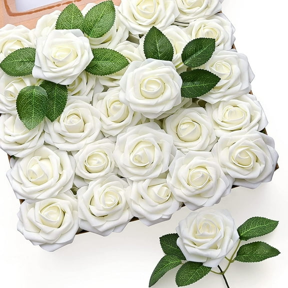 Mocoosy 50Pcs Artificial Rose Flowers, Ivory White Fake Roses for Decoration, Real Looking Foam Rose Bulk with Stem DIY Wedding Bouquets Bridal Shower Floral Arrangements Party Valentine's Day Decor