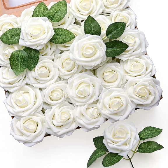 Mocoosy 50Pcs Artificial Rose Flowers, Ivory White Fake Roses for Decoration, Real Looking Foam Rose Bulk with Stem DIY Wedding Bouquets Bridal Shower Floral Arrangements Party Valentine's Day Decor