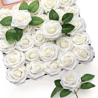 Mocoosy 50Pcs Artificial Rose Flowers, Ivory White Fake Roses for Decoration, Real Looking Foam Rose Bulk with Stem DIY Wedding Bouquets Bridal Shower Floral Arrangements Party Home Decor