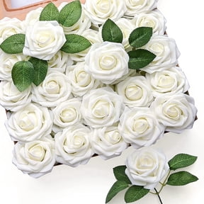 Mocoosy 50Pcs Artificial Rose Flowers, Ivory White Fake Roses for Decoration, Real Looking Foam Rose Bulk with Stem DIY Wedding Bouquets Bridal Shower Floral Arrangements Party Home Decor