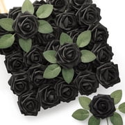 Mocoosy 50Pcs Black Roses Artificial Flowers, Fake Roses for Decorations Real Touch Foam Rose Bulk with Stem Gothic Wedding Bouquet DIY Floral Arrangements Bridal Shower Valentines Party Table Decor