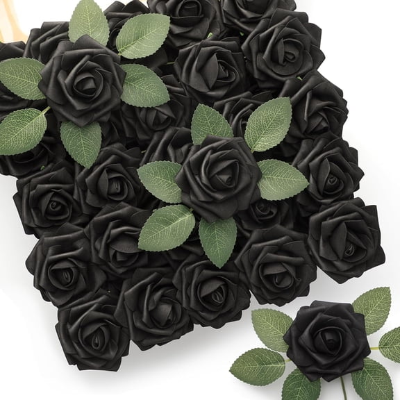 Mocoosy 50Pcs Black Roses Artificial Flowers, Fake Roses for Decorations Real Touch Foam Rose Bulk with Stem Gothic Wedding Bouquet DIY Floral Arrangements Bridal Shower Valentine's Party Table Decor