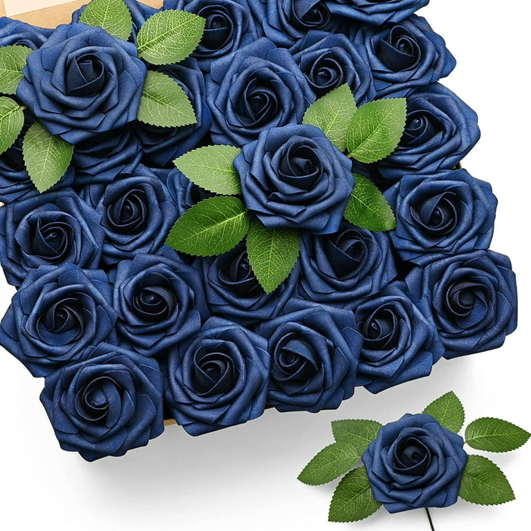 Mocoosy 50pcs Blue Roses Artificial Flowers, Navy Blue Fake Roses Real Looking Foam Rose Bulk with Stem for DIY Wedding Bouquets Centerpieces Floral
