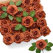 Mocoosy 50Pcs Burnt Orange Artificial Rose Flowers, Terracotta Fake Roses for Decorations, Real Touch Foam Rose Bulk with Stem Fall Floral Arrangements Wedding Bouquets Bridal Shower Party Home Decor