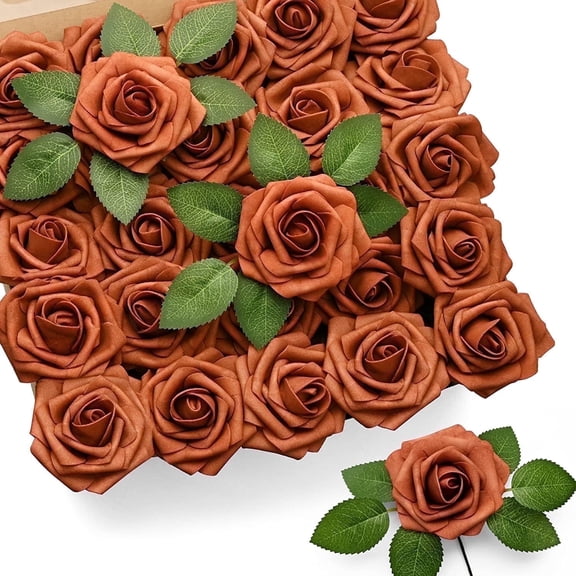 Mocoosy 50Pcs Burnt Orange Artificial Rose Flowers, Terracotta Fake Roses for Decorations, Real Touch Foam Rose Bulk with Stem Fall Floral Arrangements Wedding Bouquets Bridal Shower Party Home Decor