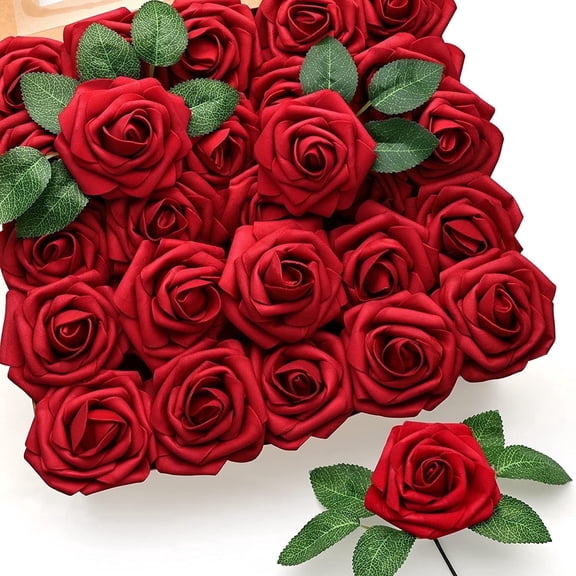 Mocoosy 50Pcs Red Roses Artificial Flowers, Dark Red Fake Roses Real Looking Foam Rose Bulk with Stem for DIY Wedding Bouquets Centerpieces Floral Arrangements Bridal Shower Party Home Decorations