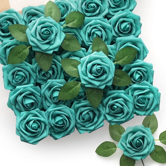 Mocoosy 50Pcs Rose Artificial Flowers, Teal Green Fake Roses for Decorations Real Touch Foam Roses Bulk with Stem DIY Wedding Bouquet Valentine's Day Floral Arrangement Bridal Shower Party Home Decor