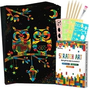 Mocoosy 60Pcs Scratch Art Paper for Kids, Rainbow Magic Scratch Off Paper Art Craft Kit Black Scratch Sheets with 4 Stencils 5 Wooden Stylus for Birthday Party Favors Game Activities Easter Gifts