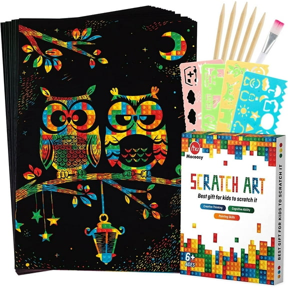 Mocoosy 60 Pcs Scratch Art Paper for Kids, Rainbow Magic Scratch Off Paper Sheets Set, Black Scratch Pads Arts and Crafts Kits for Party Games Activities Christmas Birthday Gift for Ages 3 - 12