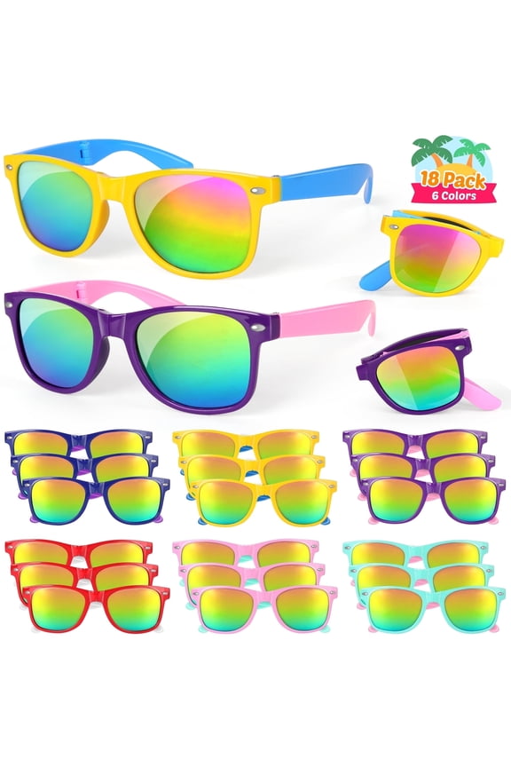 Foldable Kids Sunglasses Bulk, 18 Pack Neon Sunglasses with UV400 Protection, Birthday Party Favor Beach Luau Graduation Party Supplies Birthday Goodie Bag Stuffers for Boys Girls Age 4-8-12
