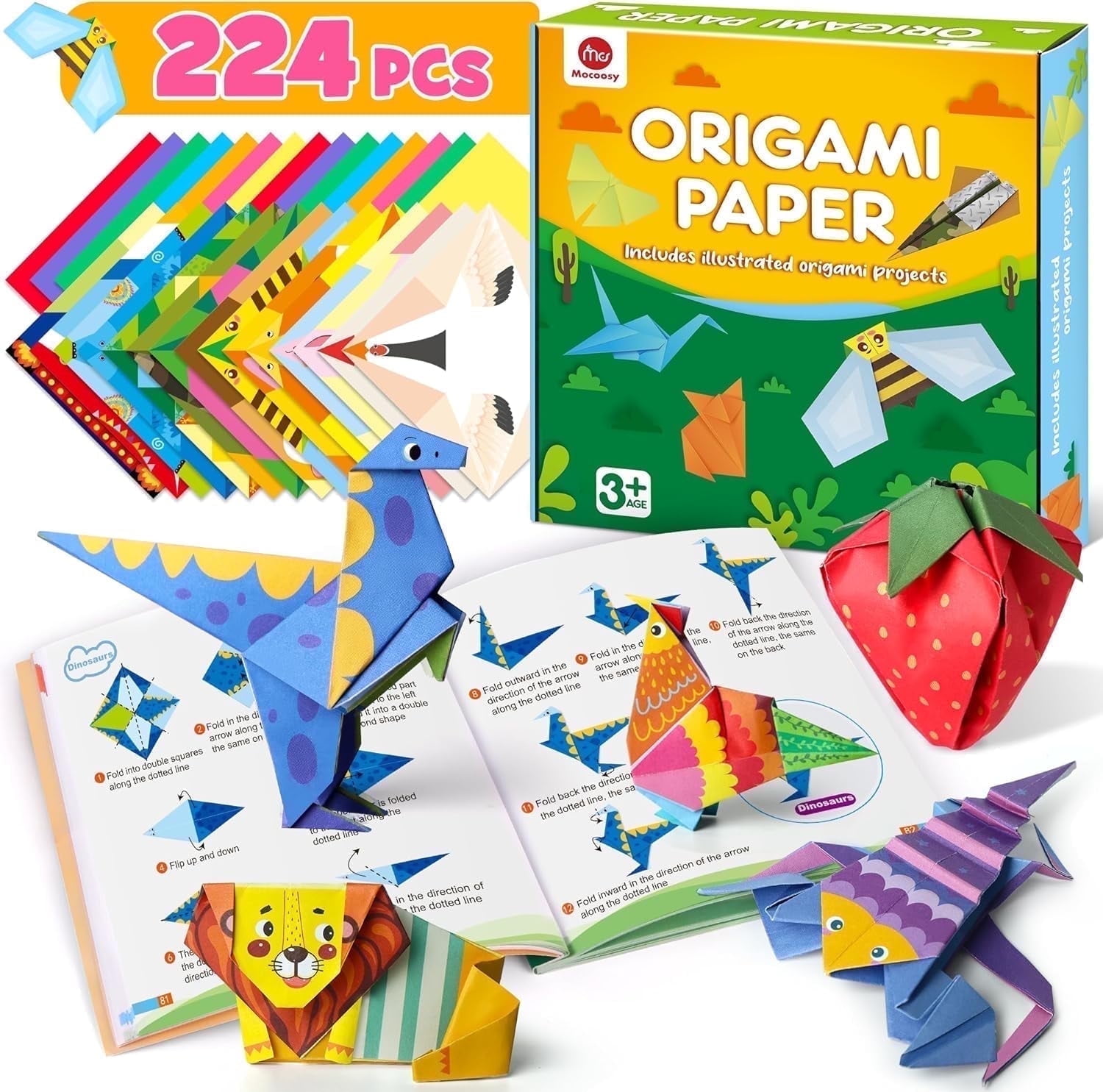 Mocoosy Origami Paper 224 Sheets Origami Kit for Kids Ages 8-12, Square Craft Paper Color Folding Paper Set with Guiding Book for Easy DIY Art and Craft Projects Best Craft Gifts for Kids