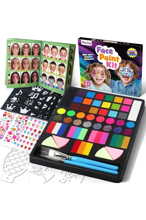 41 Color Face Painting Kit for Kids, Non-Toxic Water Activated Face Paint Palette With Stencils, Brushes, Gems, Professional Body Makeup Kit for Cosplay Parties, Birthdays Carnival Christmas