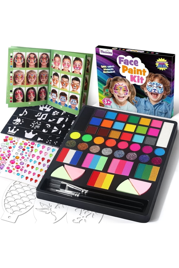 41 Color Face Painting Kit for Kids, Non-Toxic Water Activated Face Paint Palette With Stencils, Brushes, Gems, Professional Body Makeup Kit for Cosplay Parties, Birthdays Carnival Christmas