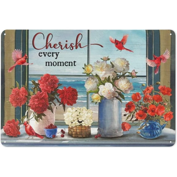 Mocozim Rustic Metal Tin Sign Vintage Painting, Cardinals, Red and White Flower Vase, Beach View Window, Still Life Drawing Cherish Every Moment Jesus Landscape Prints, Christian Wall Art 8x12 Inch