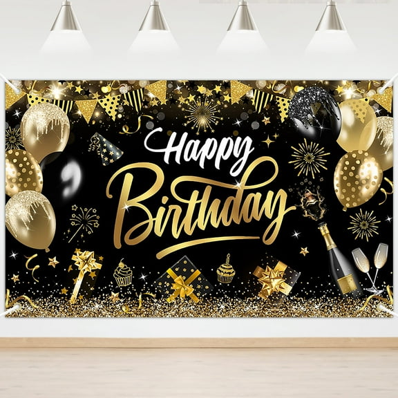 Mocsicka Black Gold Birthday Backdrop Glitter Happy Birthday Banner Party Decorations for Men Women 6x3.6 ft