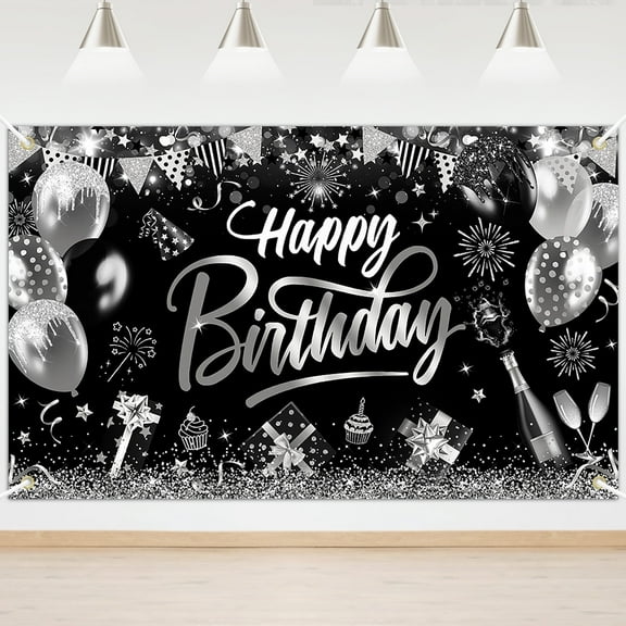 Mocsicka Black Silver Birthday Backdrop Glitter Happy Birthday Banner Party Decorations for Men Women 6x3.6 ft